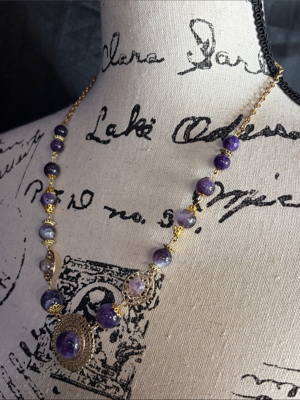 Handmade Genuine Amethyst Vintage Upcycle Gold Tone Statement Necklace boho